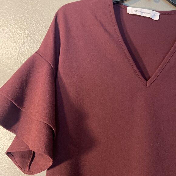 The Impeccable Pig Maroon Flare Ruffle Sleeve Shift Dress Size Small - Picture 3 of 6